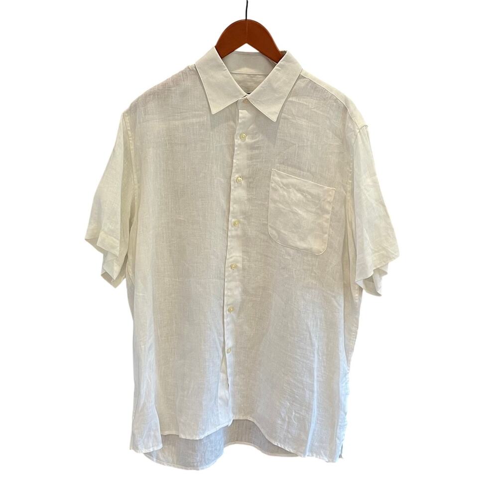 Pronto Uomo Men's White Short Sleeve 100% Linen Button Down Shirt, Size L